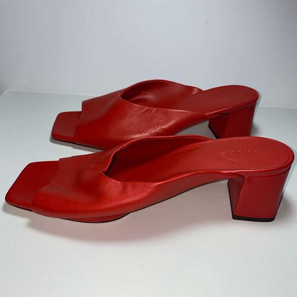Vince Never Worn Designer Luxury Red Elizabeth Leather Open Toe Block Heel Mules - Picture 7 of 10